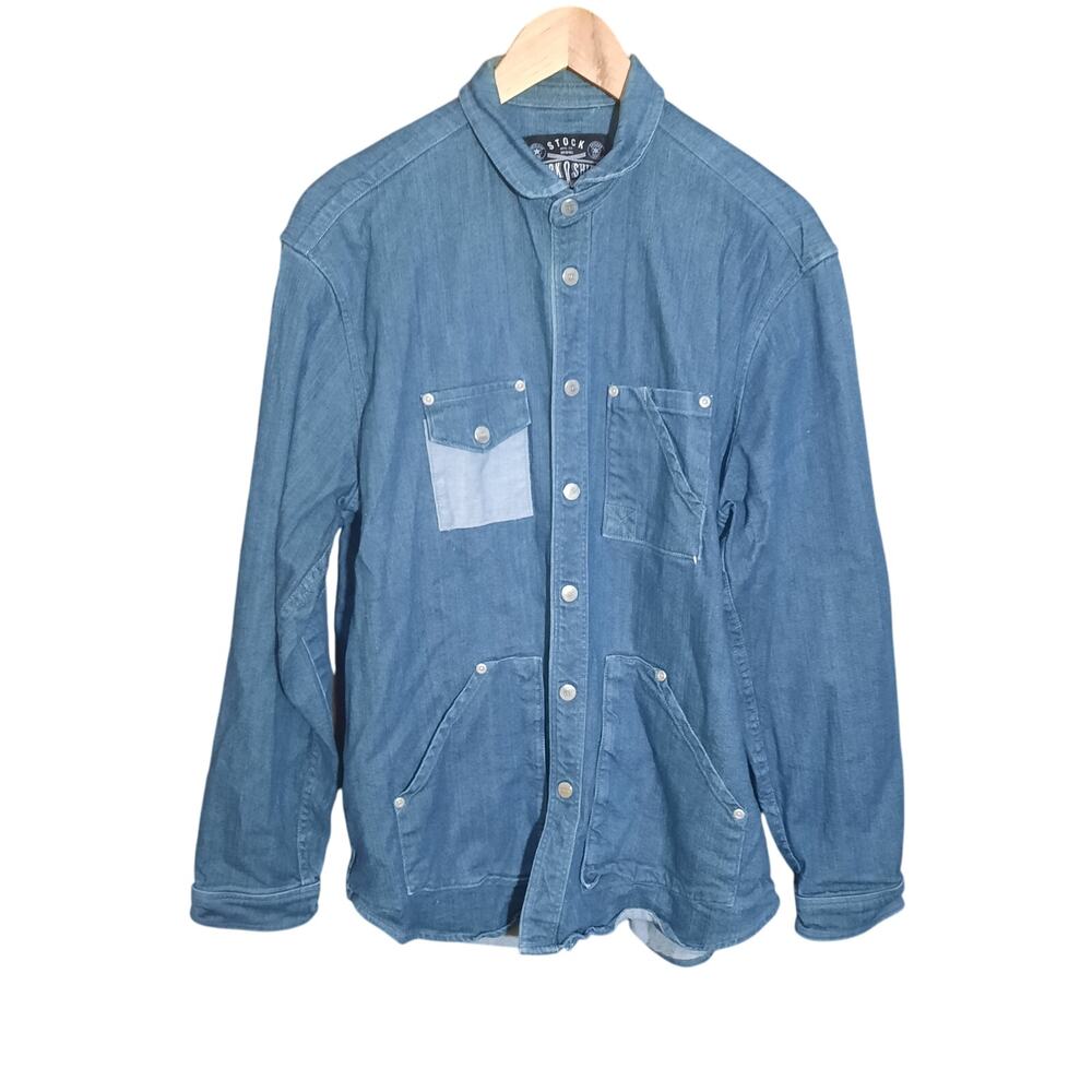Stock Work Shirt Mens Raw Denim Snap Front Multi Pocket Shirt Size XXL